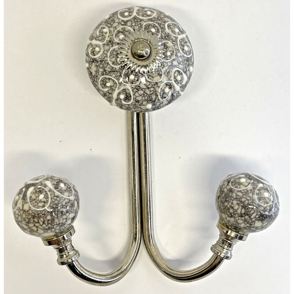 Ceramic Ornate Double Coat Hat Or Towel Hook Grey & White With Silver Hardware